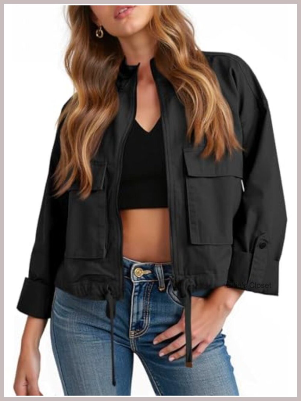 Women's Cropped Military Jacket Lightweight Cotton Zip Up Cargo